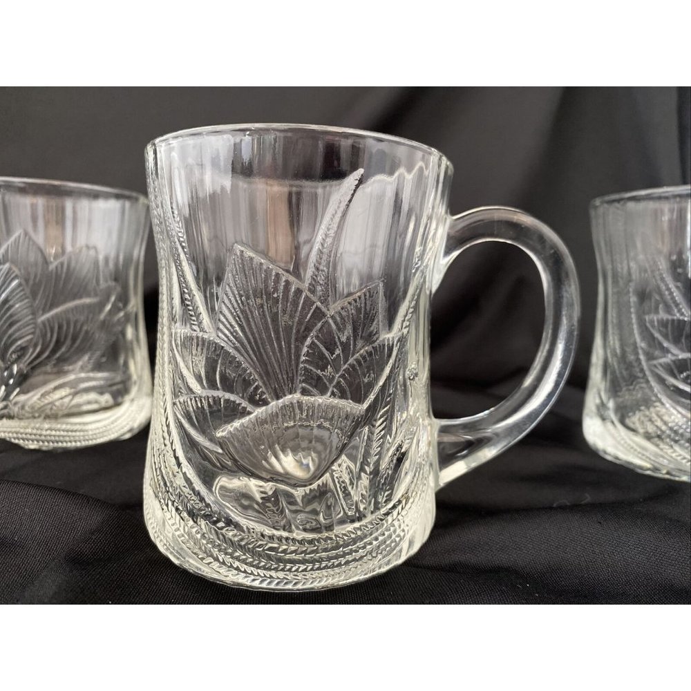 Clear Glass Mugs Cups Set Of 4 Glcoloc France Canterbury Crocus Flower Leaf